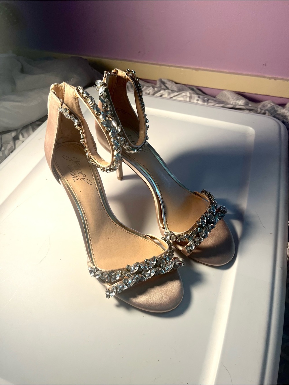 Embellished Ankle-Strap Evening Stilettos Blush Women’s 7